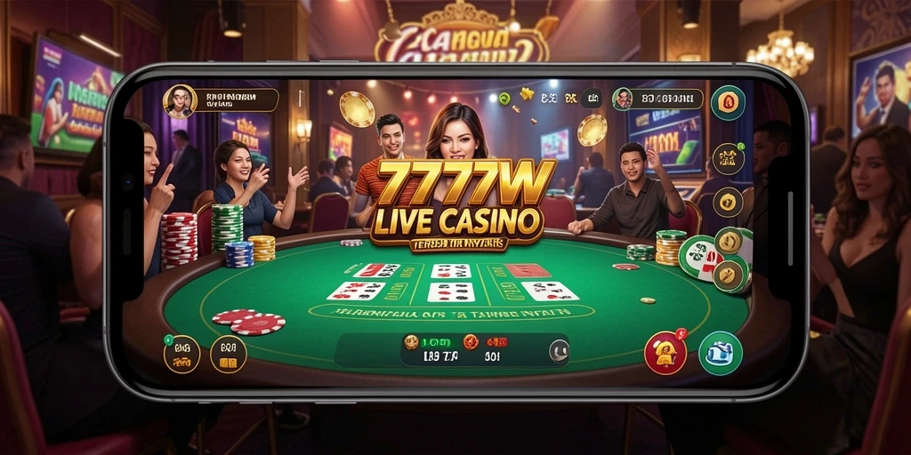 Screenshot gameplay 7777W menampilkan dealer langsung dan suasana kasino.