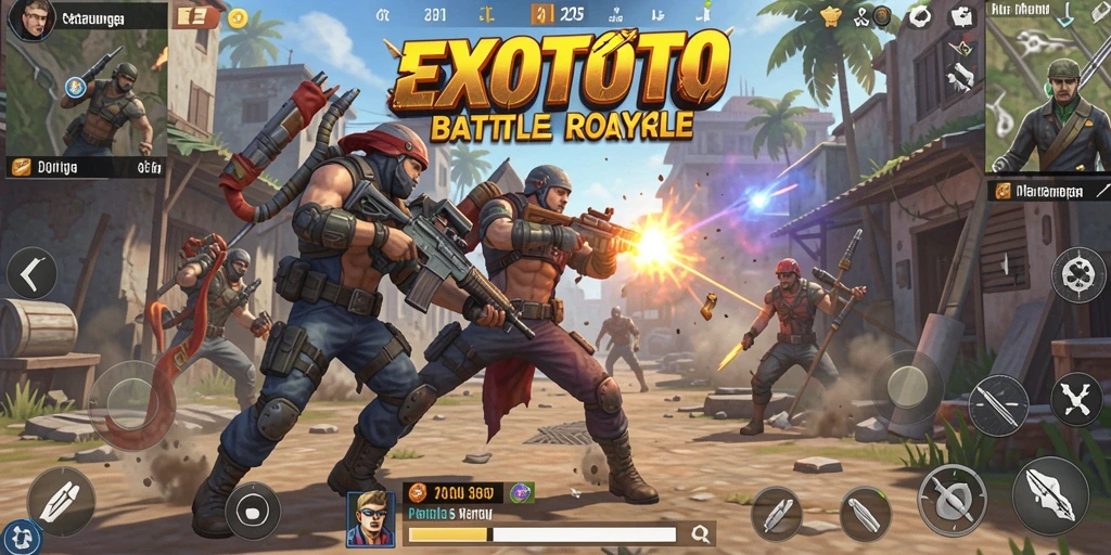 Tangkapan layar gameplay EXOTOTO menunjukkan aksi seru dalam pertempuran Battle Royale.