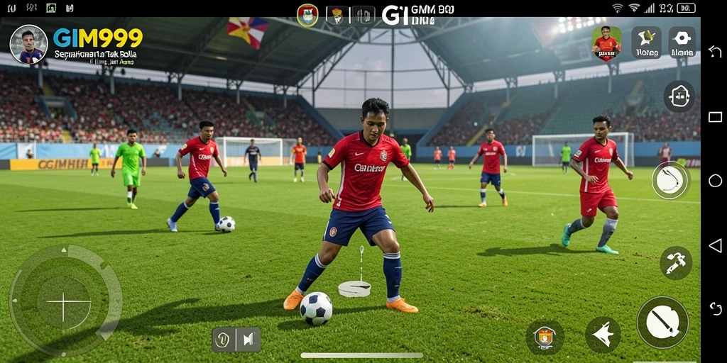 Screenshot menampilkan aksi intens dari pertandingan sepak bola GIM999.