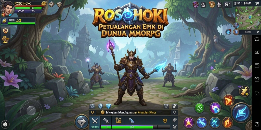 Tangkapan layar gameplay MMORPG ROSOHOKI yang menunjukkan petualangan seru.